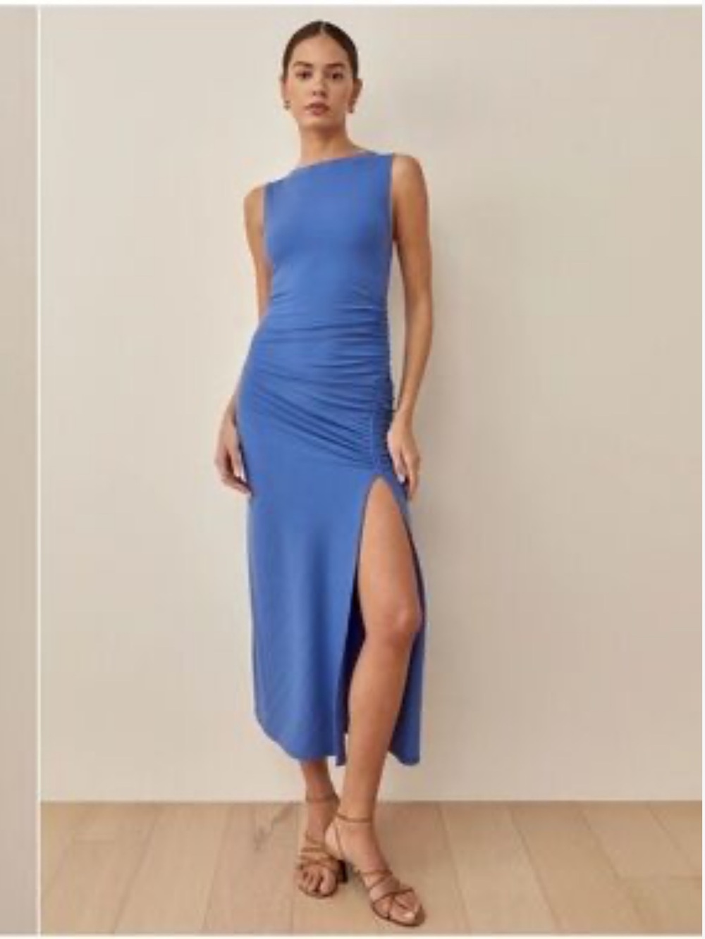 New REFORMATION Bridger Rib Knit Midi Dress Ruched Open Back Maxi Dusk Blue Med